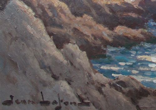 fig 1. A peaceful bay in the South of France circa 1940, Antibes or Juan les Pins, antique oil on panel by Jean Keuleyan Lafon