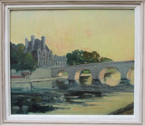 fig 1. Paris, the Seine and the Louvre, 1947: antique oil by Romanian-Argentinian Demetrio Filip (1921 - 1993).