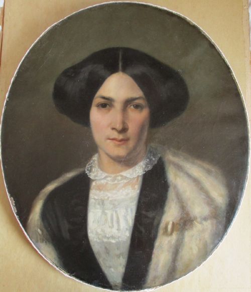 fig 1. Antique Romantic Period 1850s Striking Portrait of a  Parisian Beauty in the style of Ingres, Gottlob Fischer (1829-1905) oil on canvas