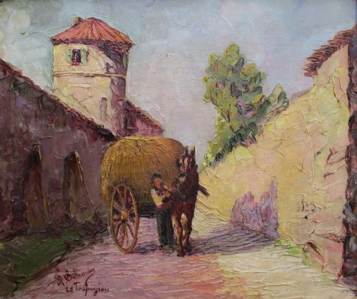 St Tropez Hinterland Ca. 1930 Southern French Rural Scene Salomon Le Tropezien, Hay Cart and Horse Oil on Canvas