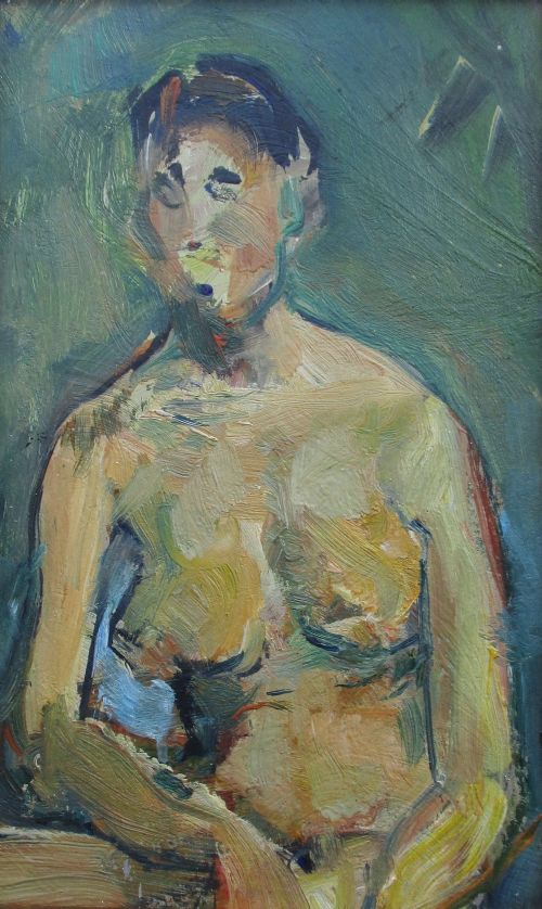 Manner of Lucien Freud, Seated Nude in the Studio, Antique Oil on Panel Circa 1950