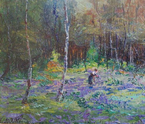 fig 1. The bluebell Woods , collecting flowers in the forest, antique oil by Jules-Emile Bourg dated 1916.