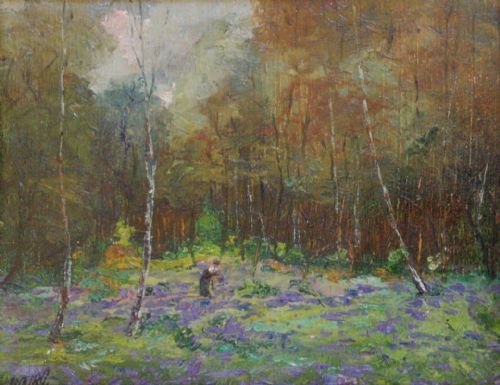 The Bluebell Woods , Collecting Flowers in the Forest, Antique Oil by  Jules-emile Bourg Dated 1916.