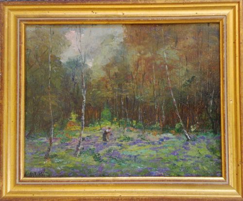 fig 2. The bluebell Woods , collecting flowers in the forest, antique oil by Jules-Emile Bourg dated 1916.