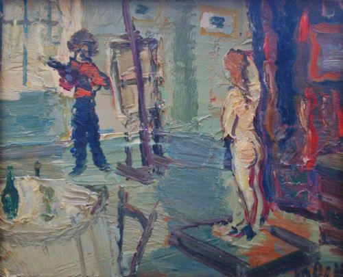 French Expressionist Montmartre the Artist's Studio by Gabriel Dauchot, Ca 1950. Greta Garbo Owned a Works by the Artist! Antique Oil on Canvas.