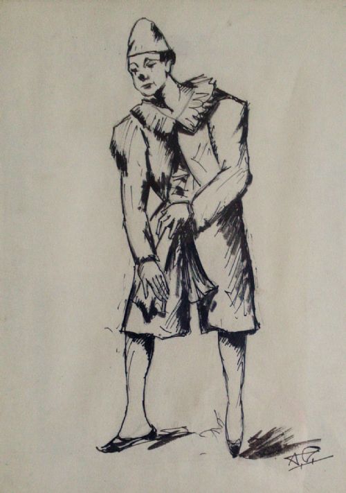 Antique French Pierrot Clown, Mid 20th Century Ink Line Drawing