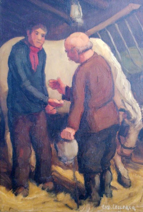The New Horse -A Done Deal! - French Country Life by Lucien Leclercq (1895-1955) Antique Oil on Panel