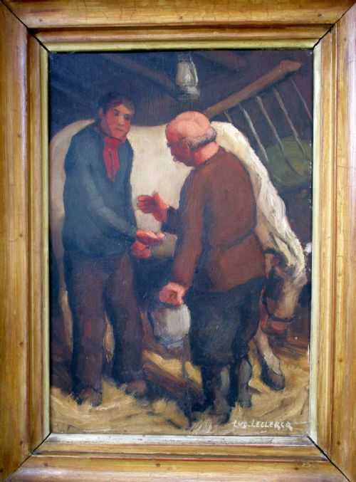 fig 1. The new horse -A done deal! - French country life by Lucien Leclercq (1895-1955) antique oil on panel