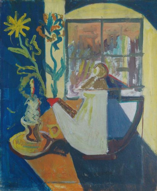 Antique French Constructivist Circa 1950 Modernist Still Life with Tea Pot Oil on Board
