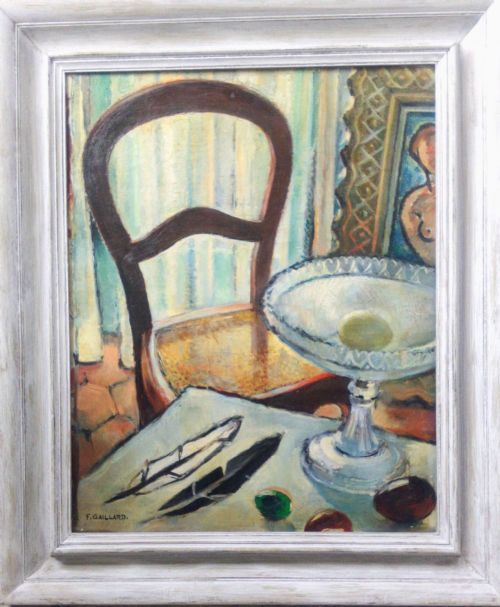 fig 1. Still Life with  conker, eggs and feather, circa 1920: whimsical luminist antique oil on canvas