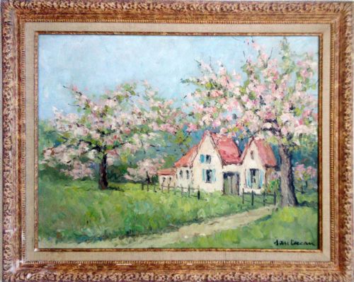 Apple Trees in Bloom, the Normandy Orchard, Antique Oil by René Sauterau (Born 1862)
