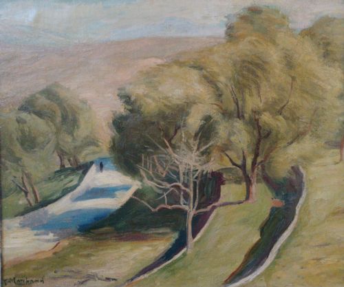 fig 1. Bloomsbury group c 1930  Figure in a cubist landscape, Brittany,  Jean Hippolyte Marchand (1883–1941)