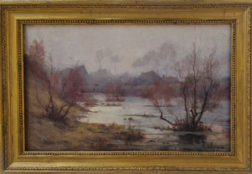 fig 1. 1891 Autumn Mist: Two Birds by Victor Lhomme (1870-1957) antique French landscape oil on canvas