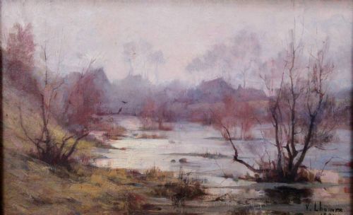 1891 Autumn Mist: Two Birds by Victor Lhomme (1870-1957)  Antique French Landscape Oil on Canvas