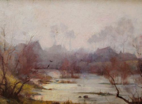 fig 2. 1891 Autumn Mist: Two Birds by Victor Lhomme (1870-1957) antique French landscape oil on canvas