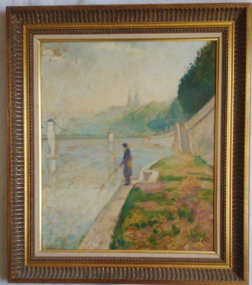 Angler on Saone River at Lyons by Claude Vanier (1903-1958)  Antique French Oil on Canvas