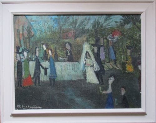 THE WEDDING RECEPTION BRIDE AND GROOM OIL ON PANEL PANEL BY RENOWNED NAIVE PRIMITIVE ARTIST 1962 - ADDITIONAL PHOTO 1