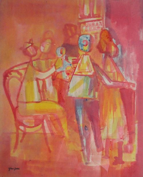 Abstract Cubist Family Scene by Franco-hungarian Avantgarde Artist Geza Szobel (1905-1963)