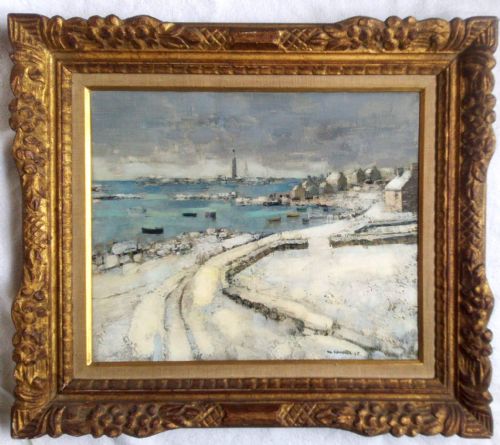 fig 1. Fishing Village in the Snow, Winter in Brittany. French antique oil by Marcel Kervella, ca. 1957, lovely provenance