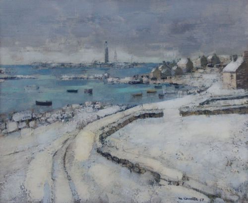 Fishing Village in the Snow, Winter in Brittany. French Antique Oil by Marcel Kervella, Ca. 1957, Lovely Provenance