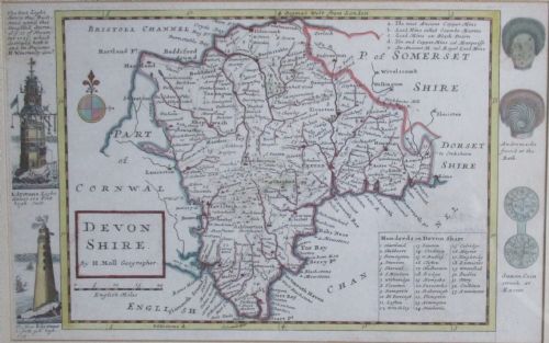 Devon 18th Century Hand Coloured Map of Devonshire by Herman Miller (Fl 1688-1724)