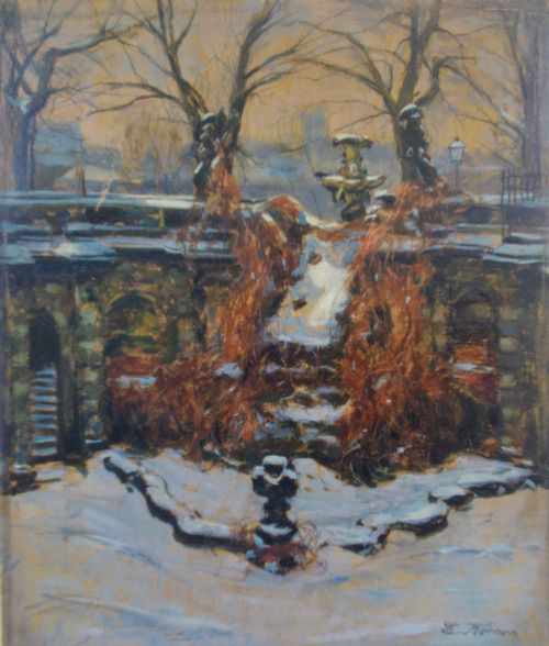 Snow in the Park, Ca 1890, Antique Impressionist Oil by German Edmund Koerner (