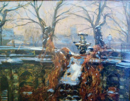 fig 1. Snow in the Park, ca 1890, antique impressionist oil by German Edmund Koerner (