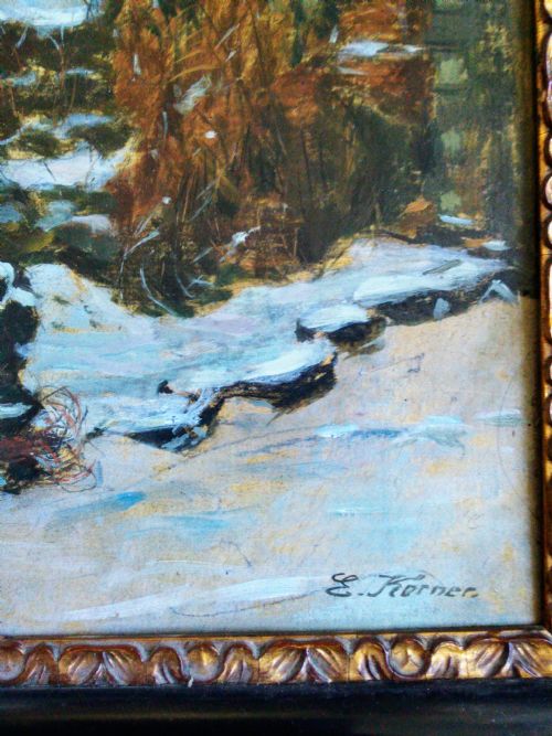 fig 2. Snow in the Park, ca 1890, antique impressionist oil by German Edmund Koerner (