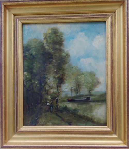 fig 1. Antique French Barbizon landscape, manner of Paul Trouillebert, Figures by a River, ca 1875 oil on canvas