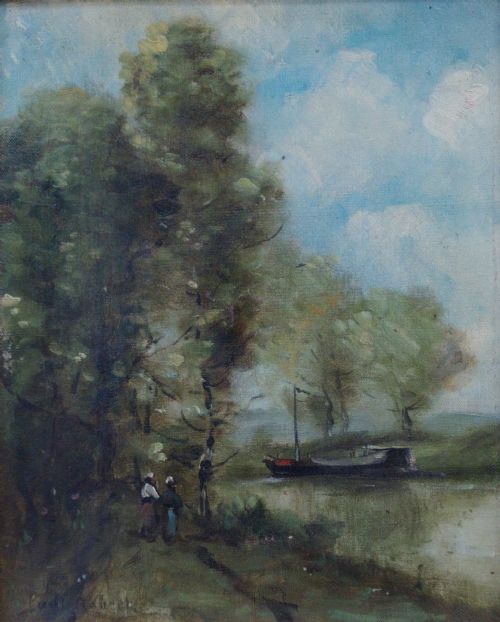 Antique French Barbizon Landscape, Manner of Paul Trouillebert, Figures by a River, Ca 1875 Oil on Canvas