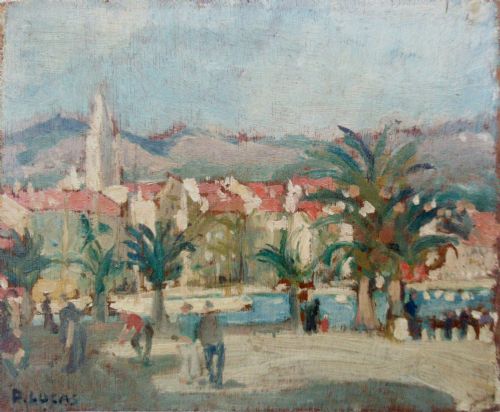 French Mediterranean Cannes Cote D'azur Oil on Panel, Ca 1935 by Pierre Lucas , Palm Trees and Boule Players by the Port