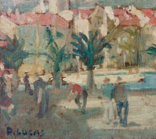 fig 1. French Mediterranean Cannes Cote d'Azur oil on panel, ca 1935 by Pierre Lucas , Palm Trees and Boule Players by the Port