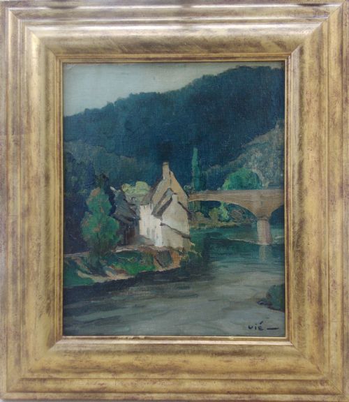 fig 1. Antique French Dordogne river landscape, Argentat, Correze, by Gabrie Vie, ca 1920 oil on canvas