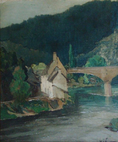 Antique French Dordogne River Landscape, Argentat, Correze, by Gabrie Vie, Ca 1920 Oil on Canvas