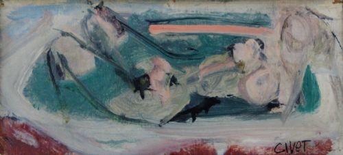 Woman Bathing, in the Bath Tub, Andre Civet Antique Modernist Abstract Oil on Panel