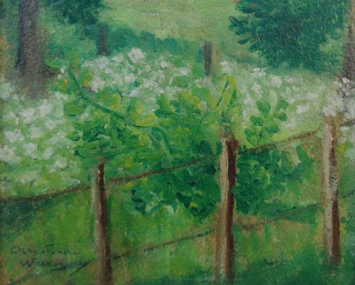 fig 1. Spring, white flowers in the garden French antique exhibited oil, 1954, woman artist Christiane Warnod