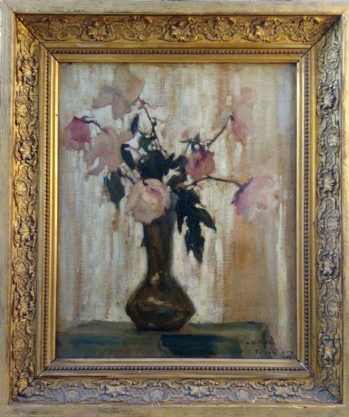 French Art Nouveau Japonising Floral Still Life, 1906, Pierre-louis Cadre Elegant Oil on Canvas, Arts and Crafts Period
