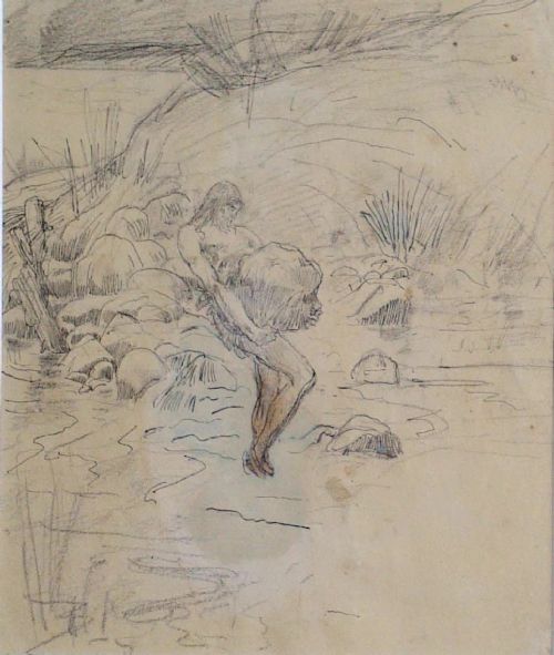 Luc-Olivier Merson (1846-1920) illustration for Gustave Flaubert, 1895 antique French original drawing