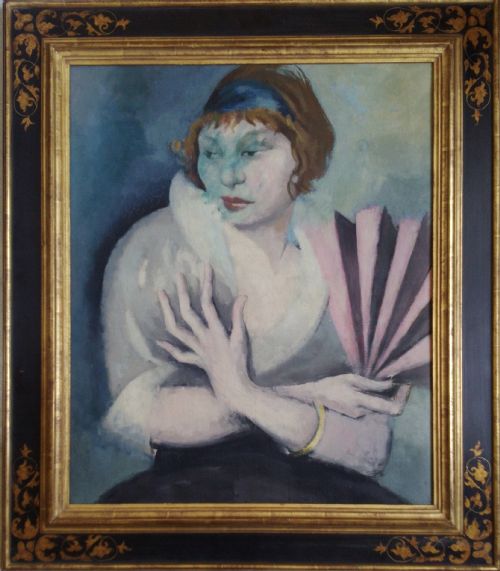 Masterpiece: French Expressionist Portrait of a Beauty with a Fan, Circa 1920, Oil on Canvas