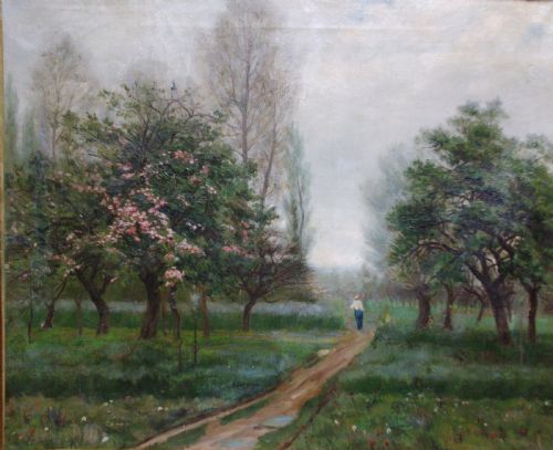 The Gardener Returning Home Through Is Garden in Spring, Impressionist Circa 1870 Oil on Canvas
