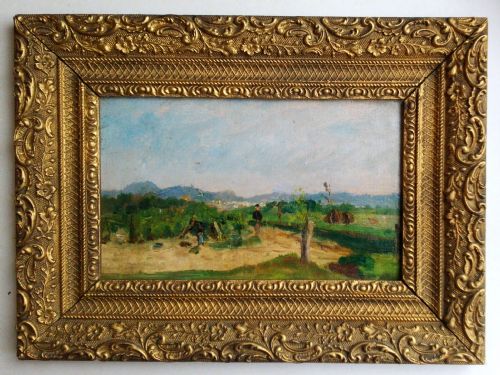 fig 1. Walkers in a summer landscape, French Impressionist oil, circa 1880