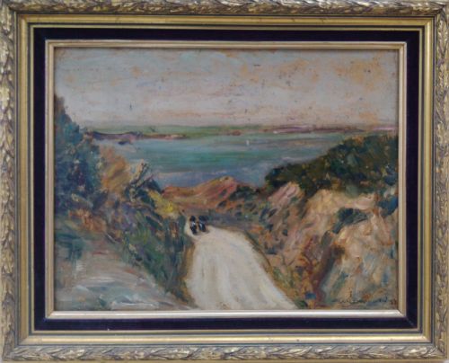 fig 1. The path down the cliff, the sea, Brittany , 1904 intimist abstracted oil on panel
