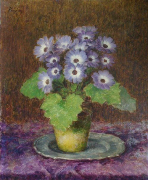 Humble Flowers, the Pot of Daisies, Blue Cineraria by Hungarian British Kelman Kameny Ca 1940 Oil on Canvas