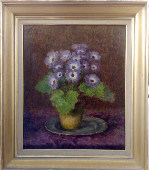 fig 1. Humble flowers, the pot of daisies, blue Cineraria by Hungarian British Kelman Kameny ca 1940 oil on canvas