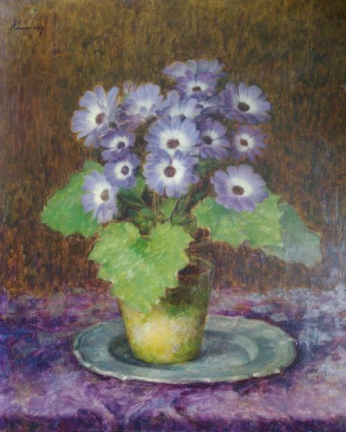 fig 2. Humble flowers, the pot of daisies, blue Cineraria by Hungarian British Kelman Kameny ca 1940 oil on canvas
