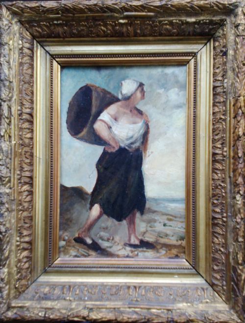 The Mussel Gather on the Beach, Circa 1860-1880 French Antique Atmospheric Oil