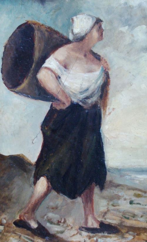 fig 1. The mussel gather on the beach, circa 1860-1880 French antique atmospheric oil