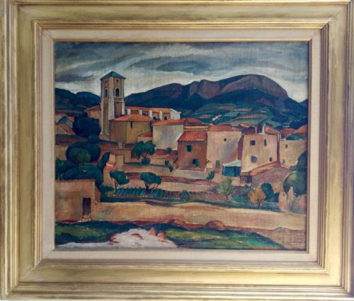 Clouds Over an Italian Village, Ca 1920 French Art Deco Cubist Oil on Canvas