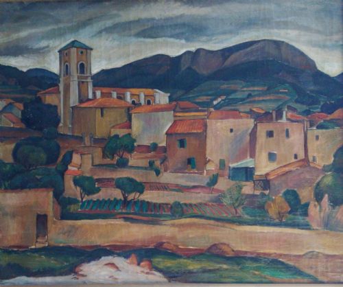 fig 1. Clouds over an Italian village, ca 1920 French art deco cubist oil on canvas
