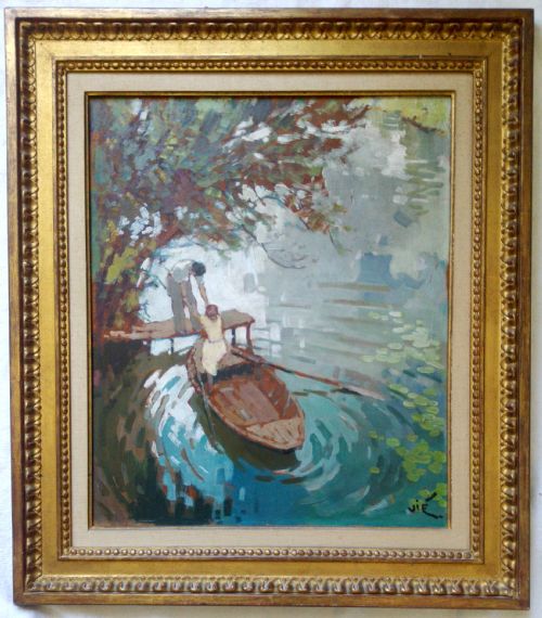 fig 1. Boating on the lake - art deco period 1930s French oil by Gabriel Vie (1888-1973)